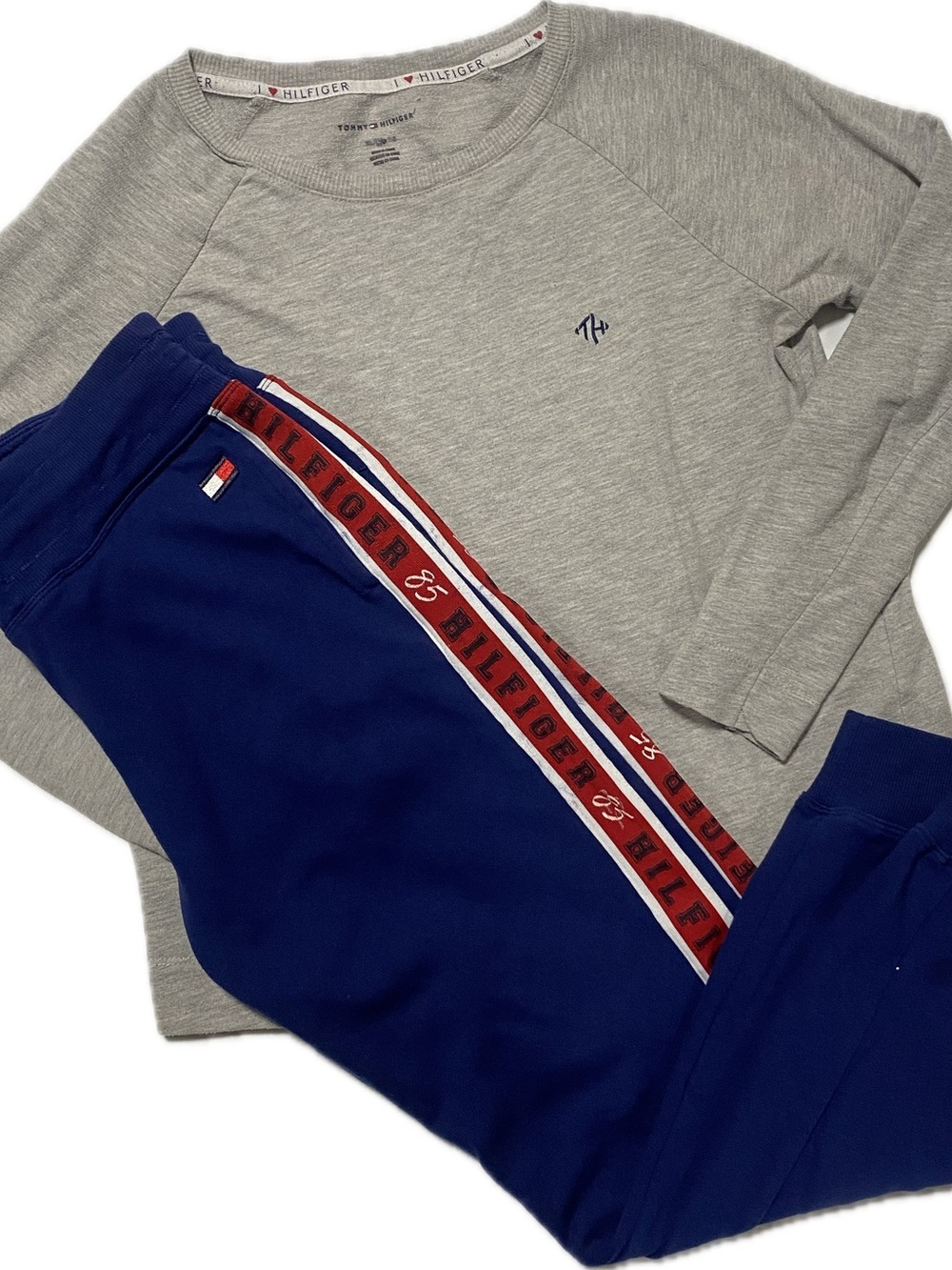 Tommy Hilfiger Gray Crewneck & Navy Joggers with Red Accent Tape